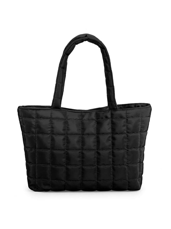 BadPiggies Women Quilted Tote Bag Puffer Padded Shoulder Bag Large Hobo Purse Lightweight Nylon Handbag (Black)