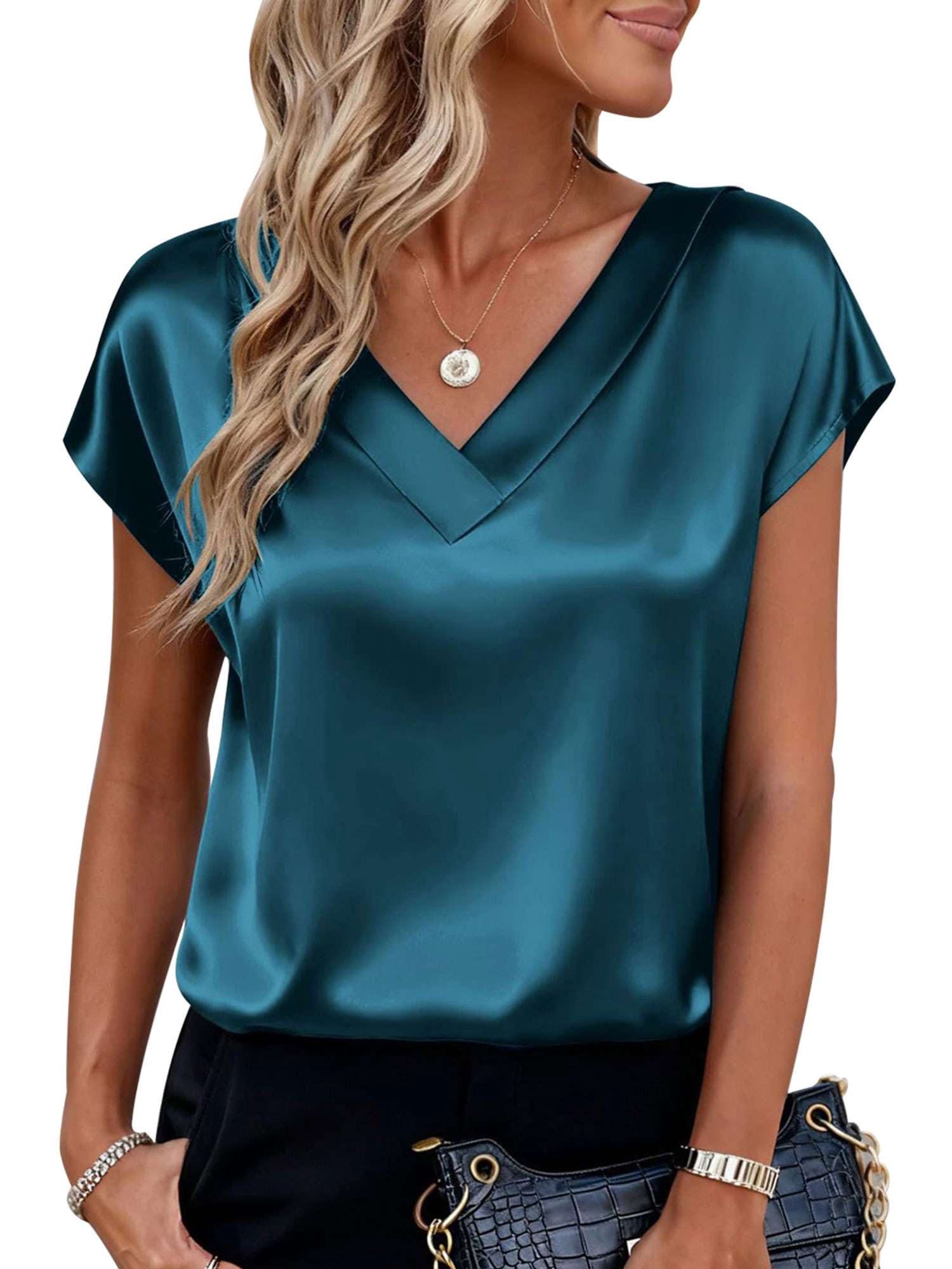 BadPiggies Women Silk Satin Tops Cap Short Sleeve Blouse V Neck Shirts ...