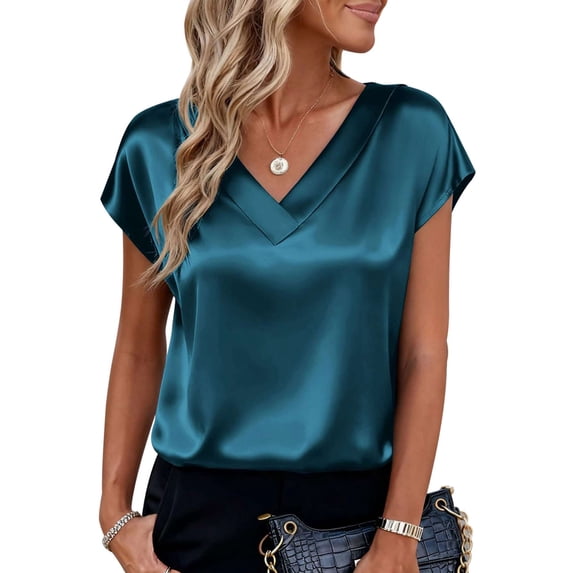 BadPiggies Women Silk Satin Tops Cap Short Sleeve Blouse V Neck Shirts Business Casual Summer Outfits