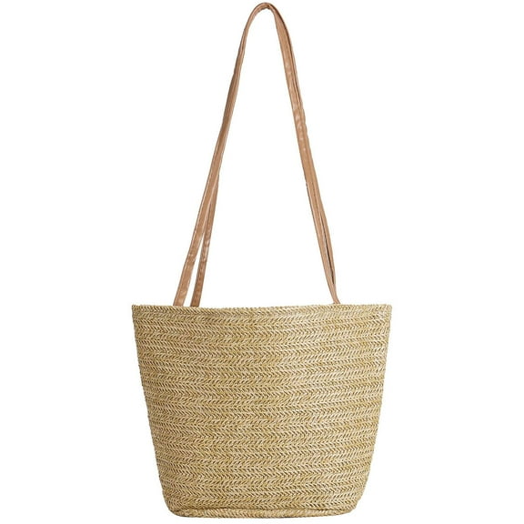 BadPiggies Women Straw Beach Bag Buckets Shoulder Bag Tote Bag Summer Hand-woven Handbag (Khaki)