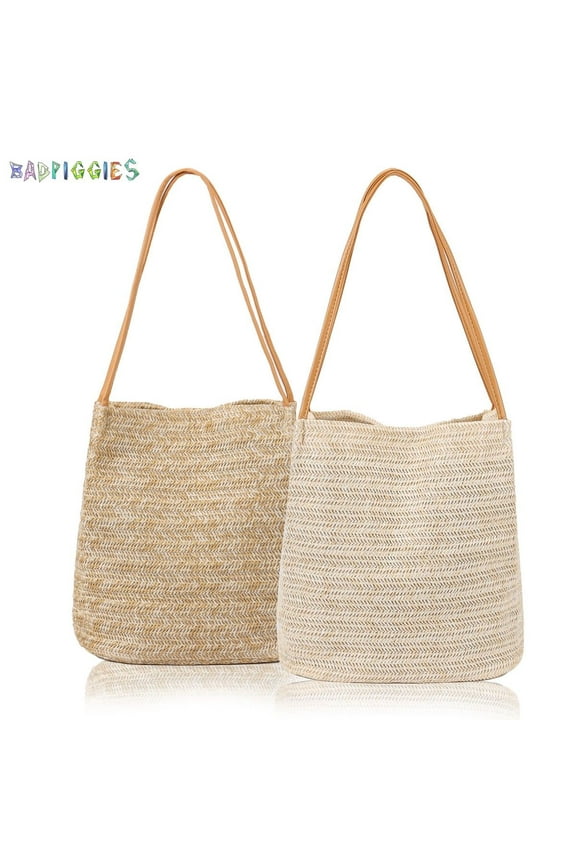 BadPiggies Women Straw Beach Bag Tote Shoulder Bag Summer Lightweight Buckets Handbag (Dark Beige)