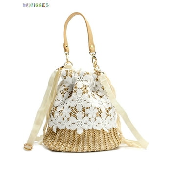 BadPiggies Women Straw Bucket Handbag, Summer Bohemia Beach Tote Bag Top Handle Travel Woven Purse Handmade Hobo Shoulder Bag (Flower)