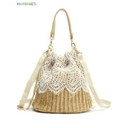 BadPiggies Women Straw Bucket Handbag, Summer Bohemia Beach Tote Bag Top Handle Travel Woven Purse Handmade Hobo Shoulder Bag (Leaves)