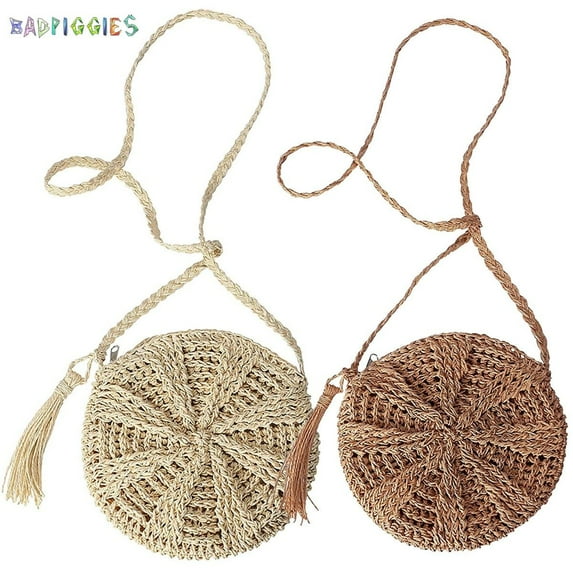 BadPiggies Women Straw Crossbody Bag Handmade Woven Phone Purse Tassels Crochet Summer Beach Shoulder Bag Round Handbag (Khaki)