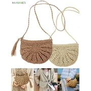 BadPiggies Women Straw Crossbody Bag Handmade Woven Purse Tassels Crochet Summer Beach Shoulder Bag Semicircle Messenger Handbag (Beige)