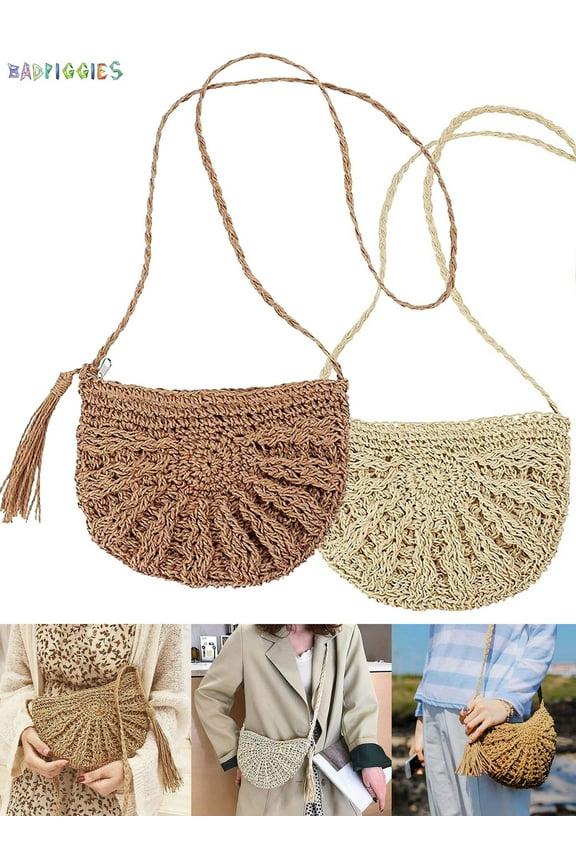 BadPiggies Women Straw Crossbody Bag Handmade Woven Purse Tassels Crochet Summer Beach Shoulder Bag Semicircle Messenger Handbag (Beige)