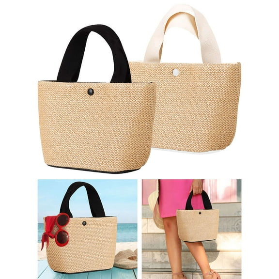 BadPiggies Women Straw Tote Bag Woven Summer Beach Handbag Snap Top Boho Bags (Black)