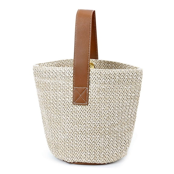 BadPiggies Women Straw Tote Handbag Vintage Woven Bucket Satchel Beach Hobo Bag (Beige)