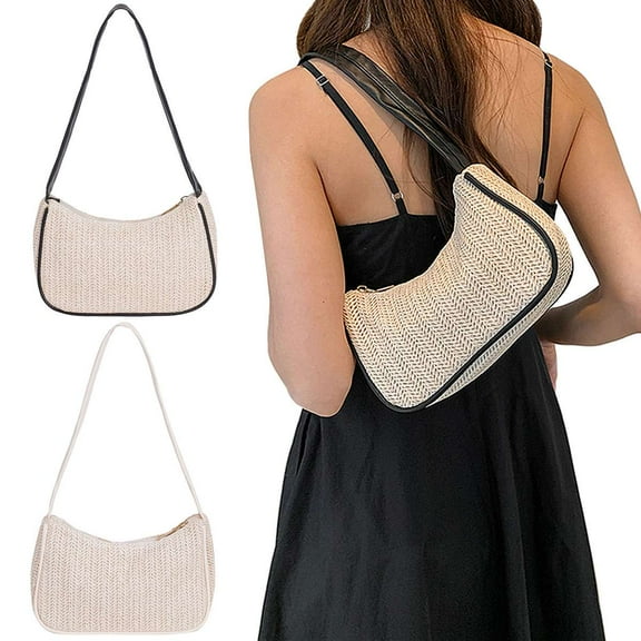 BadPiggies Women Straw Woven Shoulder Bag Summer Beach Bohemian Purse Zipper Underarm Handbag - White