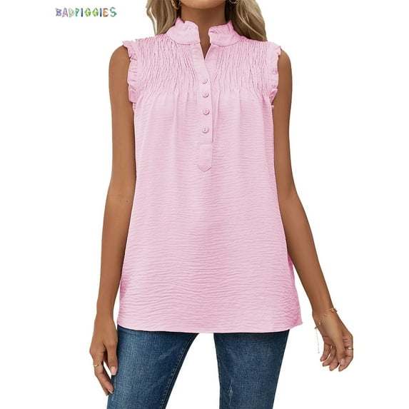 BadPiggies Women Summer Halter Chiffon Sleeveless Tank Tops Casual Ruffle Trim Shirts Button Pullover Blouses (M, Pink)