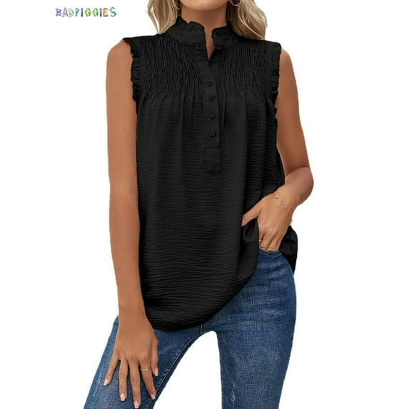 BadPiggies Women Summer Halter Chiffon Sleeveless Tank Tops Casual Ruffle Trim Shirts Button Pullover Blouses (S, Black)