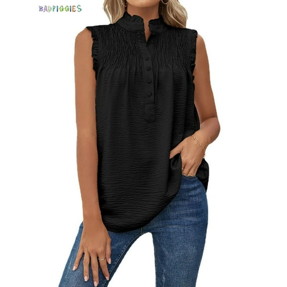 BadPiggies Women Summer Halter Chiffon Sleeveless Tank Tops Casual Ruffle Trim Shirts Button Pullover Blouses (S, Black)