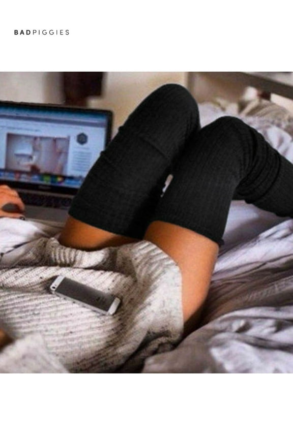 BadPiggies Women Thigh High Socks Autumn Winter Over Knee Long Boot Warm Cable Knit Elastic Stockings (Black)