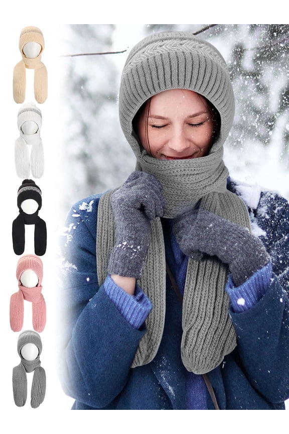 BadPiggies Women Winter Beanie Hat Scarf Set, Knitted Fleece Lined Pompom Skull Cap with Long Scarf Neck Warmer Ear Protection 2 in 1 - Pink