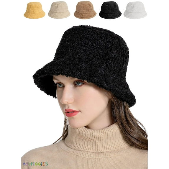 BadPiggies Women Winter Bucket Hat Adjustable Vintage Cloche Hats Warm Faux Fur Wool Outdoor Fisherman Cap (Black)