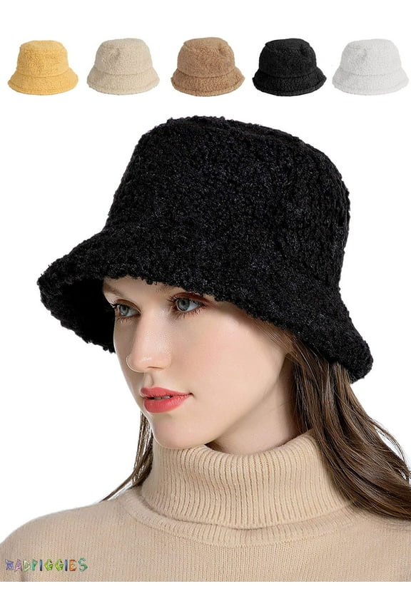BadPiggies Women Winter Bucket Hat Adjustable Vintage Cloche Hats Warm Faux Fur Wool Outdoor Fisherman Cap (Black)