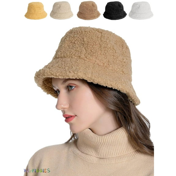 BadPiggies Women Winter Bucket Hat Adjustable Vintage Cloche Hats Warm Faux Fur Wool Outdoor Fisherman Cap (Khaki)