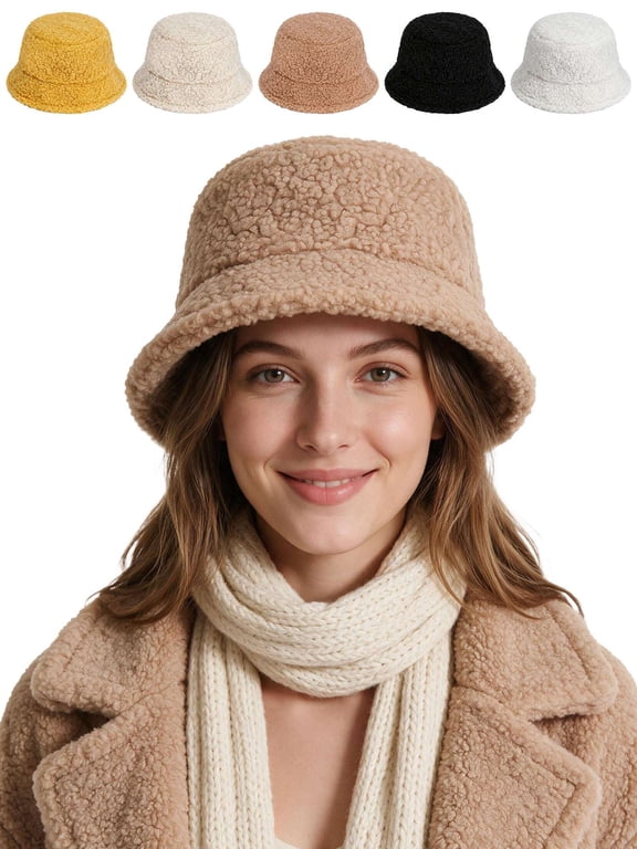 BadPiggies Women Winter Bucket Hat Adjustable Vintage Cloche Hats Warm Faux Fur Wool Outdoor Fisherman Cap