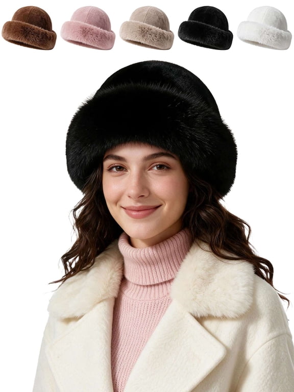 BadPiggies Women Winter Faux Fur Bucket Hat, Warm Faux Mink Plush Hat Fluffy Fisherman Cap Fuzzy Russian Hat