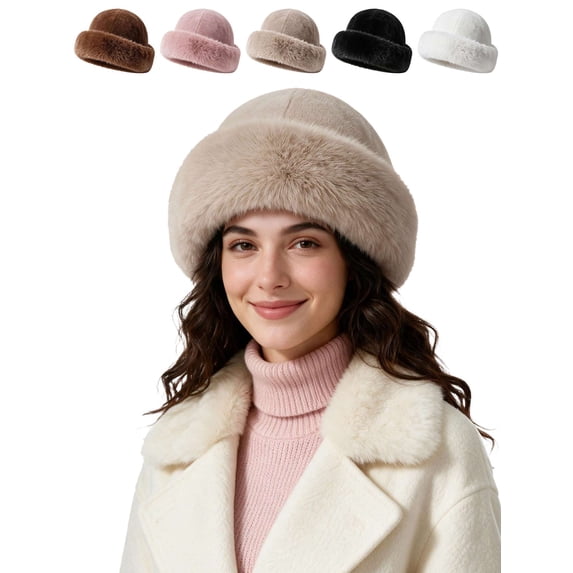 BadPiggies Women Winter Faux Fur Bucket Hat, Warm Faux Mink Plush Hat Fluffy Fisherman Cap Fuzzy Russian Hat