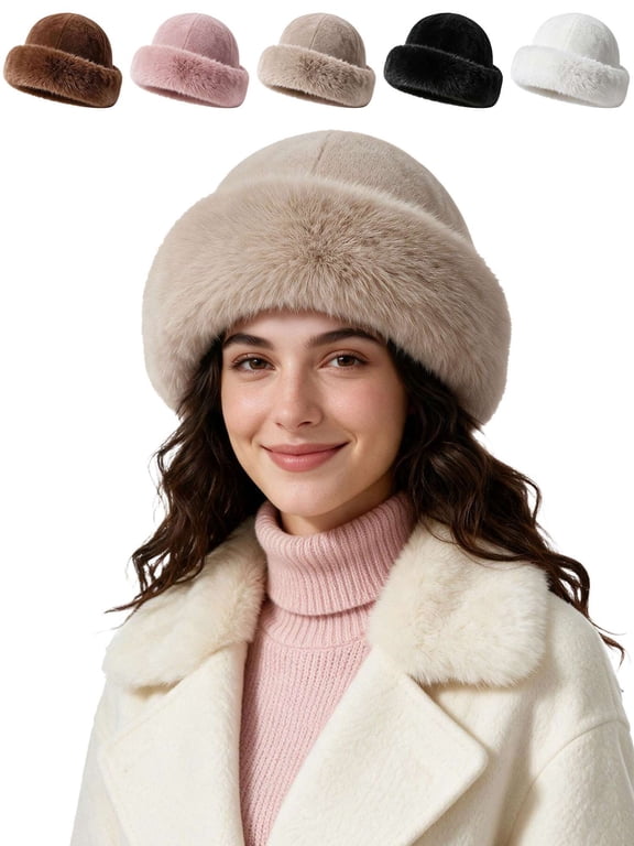 BadPiggies Women Winter Faux Fur Bucket Hat, Warm Faux Mink Plush Hat Fluffy Fisherman Cap Fuzzy Russian Hat