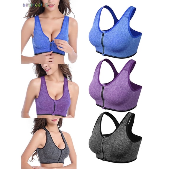 BadPiggies Women Zip Front Sports Bra Wireless Post-Surgery Bra Removable Pad Tank Top Active Yoga Racerback Sports Bras (XL, Blue)