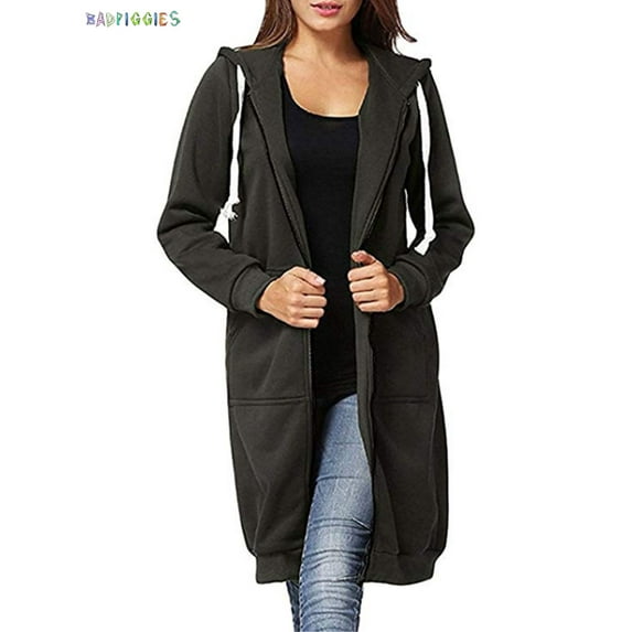BadPiggies Women Zipper Hoodie Long Coat Casual Sweatshirt Fleece Outwear Winter Warm Jacket (4XL, Dark Gray)
