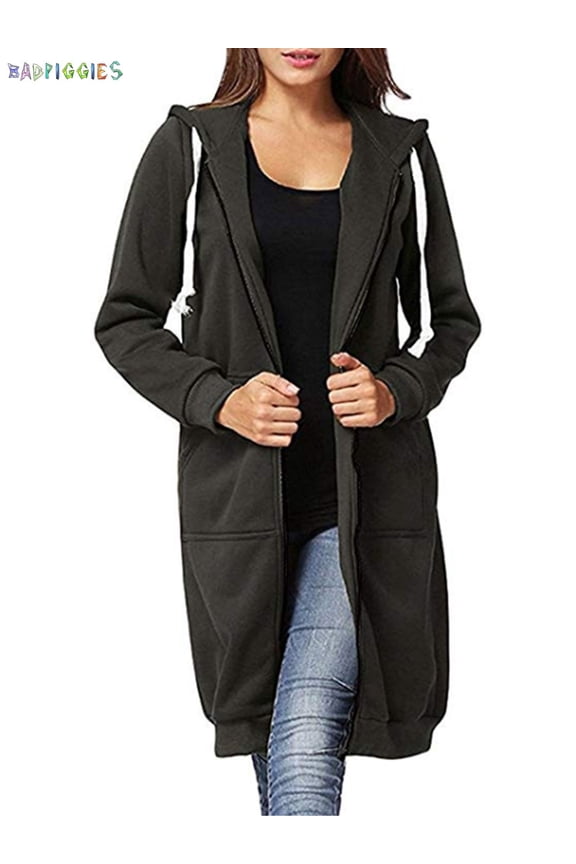 BadPiggies Women Zipper Hoodie Long Coat Casual Sweatshirt Fleece Outwear Winter Warm Jacket (5XL, Dark Gray)