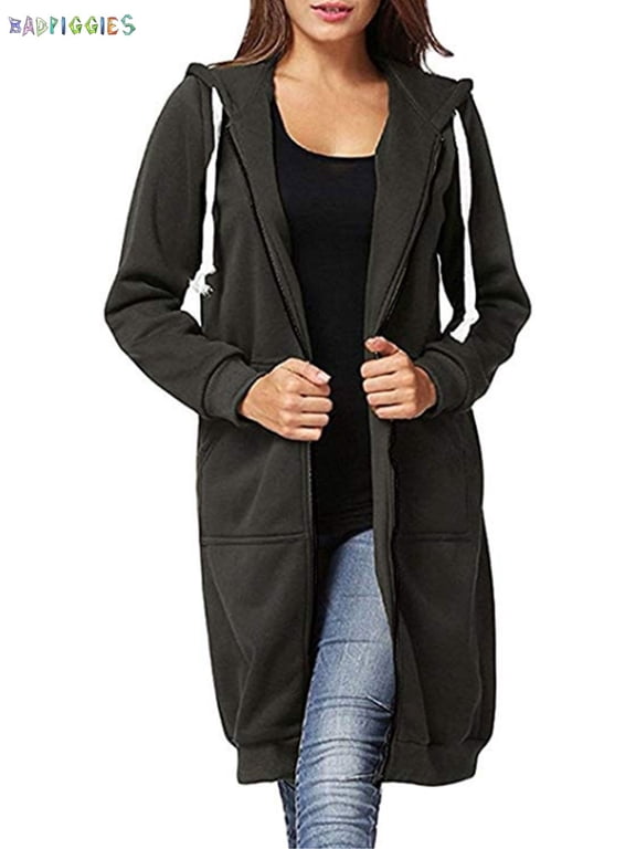 BadPiggies Women Zipper Hoodie Long Coat Casual Sweatshirt Fleece Outwear Winter Warm Jacket (XL, Dark Gray)