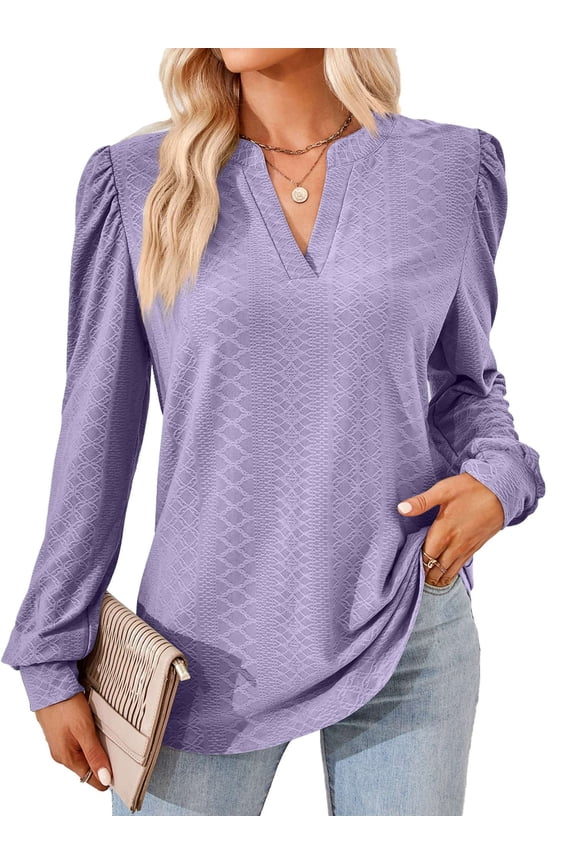 BadPiggies Women's Blouses Puff Sleeve Tunic Tops V-Neck Long Sleeve Casual Fall Shirts (2XL, Purple)