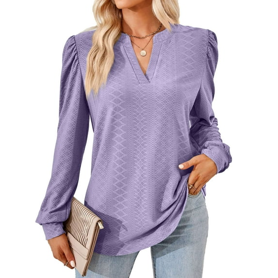 BadPiggies Women's Blouses Puff Sleeve Tunic Tops V-Neck Long Sleeve Casual Fall Shirts (XL, Purple)