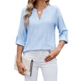 thumbnail image 1 of BadPiggies Women's Blouses V Neck Rolled Up 3/4 Length Sleeve Tops Casual Jacquard Fall Shirts (L, Blue), 1 of 8