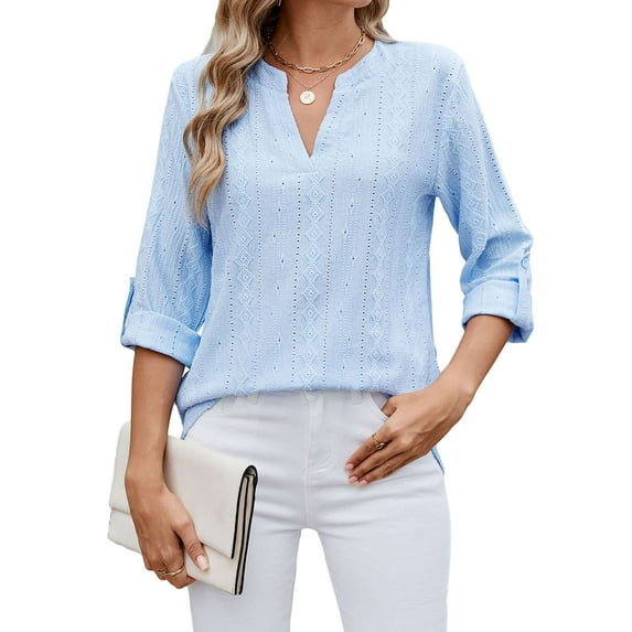 BadPiggies Women's Blouses V Neck Rolled Up 3/4 Length Sleeve Tops Casual Jacquard Fall Shirts (M, Blue)