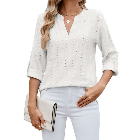 BadPiggies Women's Blouses V Neck Rolled Up 3/4 Length Sleeve Tops Casual Jacquard Fall Shirts (M, White)