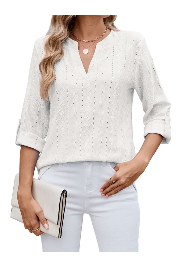 BadPiggies Women's Blouses V Neck Rolled Up 3/4 Length Sleeve Tops Casual Jacquard Fall Shirts (M, White)