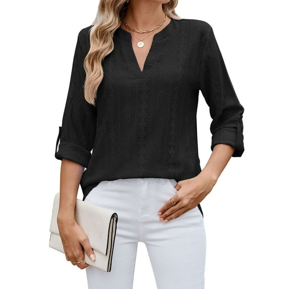 BadPiggies Women's Blouses V Neck Rolled Up 3/4 Length Sleeve Tops Casual Jacquard Fall Shirts (S, Black)