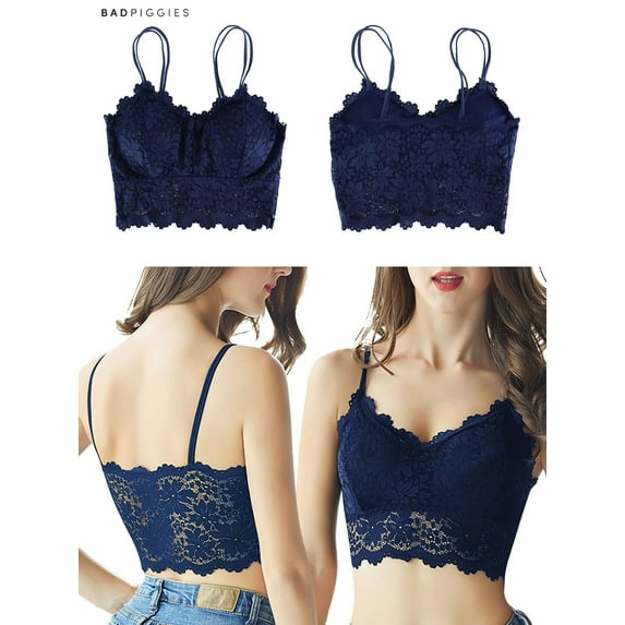 BadPiggies Women's Camisole Floral Lace Bralette Strap Thin Bandeau Padded Sexy Bra Wire Free (L, Navy)