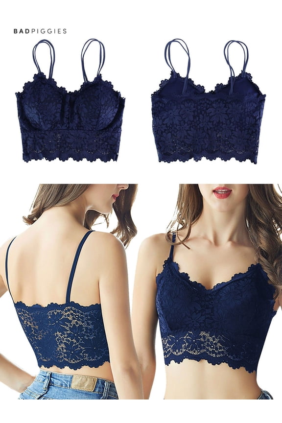 BadPiggies Women's Camisole Floral Lace Bralette Strap Thin Bandeau Padded Sexy Bra Wire Free (L, Navy)