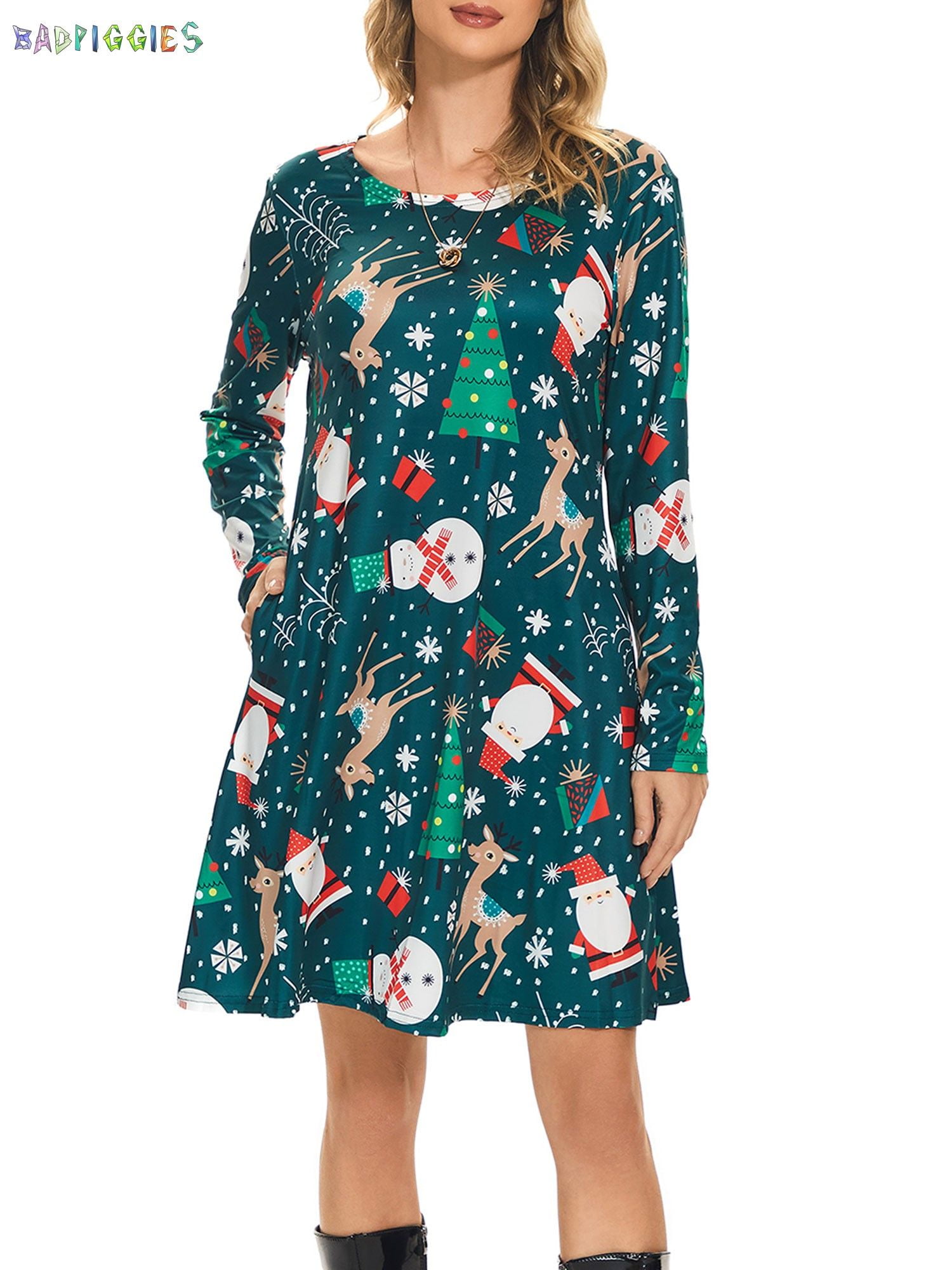 bad christmas dress Badpiggies Women's Christmas Santa Claus Print Dress with Pockets Long Sleeve Pullover Flared A Line Dresses (M, Green)