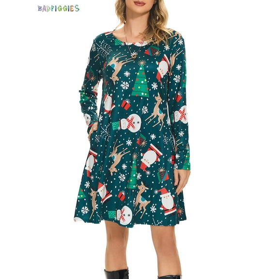 BadPiggies Women's Christmas Santa Claus Print Dress with Pockets Long Sleeve Pullover Flared A Line Dresses (M, Green)