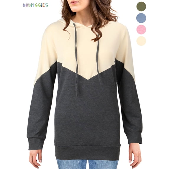 BadPiggies Women's Color Block Hoodies Sweatshirt Pullover Tops Drawstring Long Sleeve Tunic Shirts (XL, Khaki)