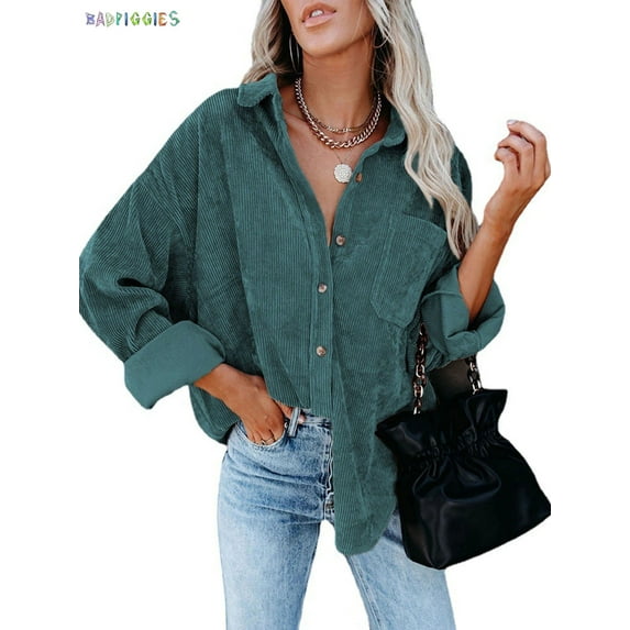 BadPiggies Women's Corduroy Big Shirts Button Down Boyfriend Long Sleeve Casual Oversized Blouses Tops Plus Size (M, Darkcyan)