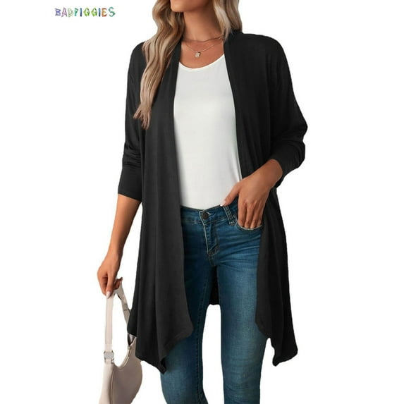 BadPiggies Women's Draped Open Front Cardigan Casual Long Sleeve Lightweight Cardigans Sweaters Duster S-XXL