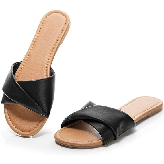 BadPiggies Women's Flat Sandals Fashion Slides Soft Leather Slippers Dressy Summer Shoes Size 6-11