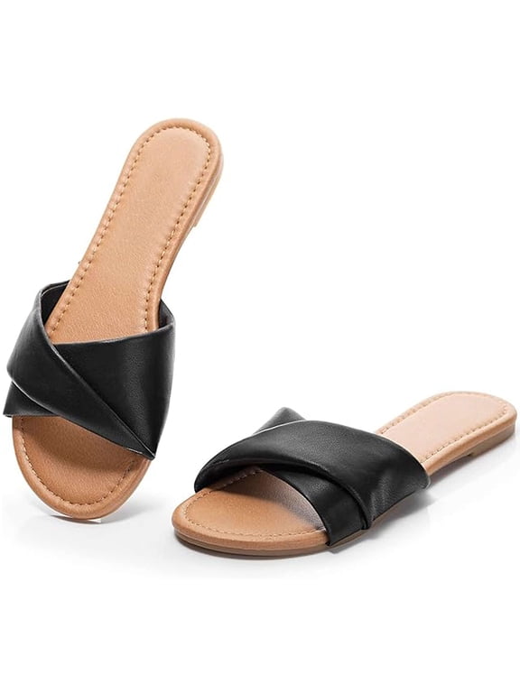 BadPiggies Women's Flat Sandals Fashion Slides Soft Leather Slippers Dressy Summer Shoes Size 6-11