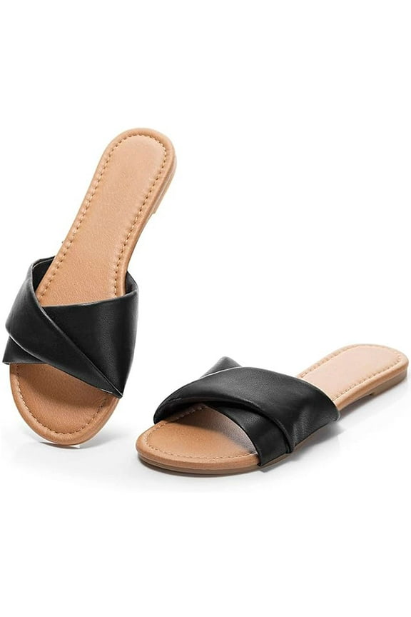 BadPiggies Women's Flat Sandals Fashion Slides Soft Leather Slippers Dressy Summer Shoes Size 6-11