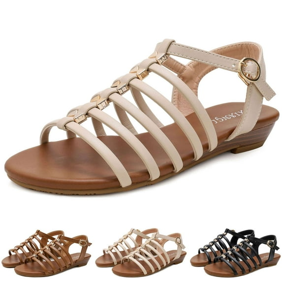 BadPiggies Women's Flat Sandals Open Toe Summer Flats Elastic Dress Beach Shoes with Luxury Gold Bow Clips