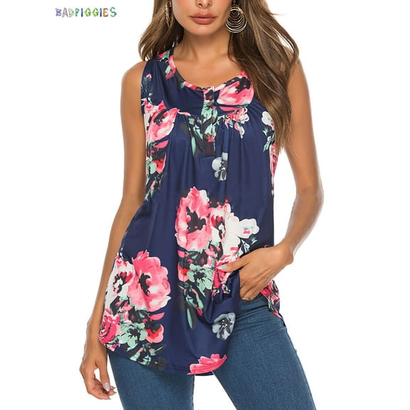 BadPiggies Women's Floral Tank Tops Summer Sleeveless Buttons Up Neck Casual T Shirts Basic Flowy Blouse (2XL, Blue)