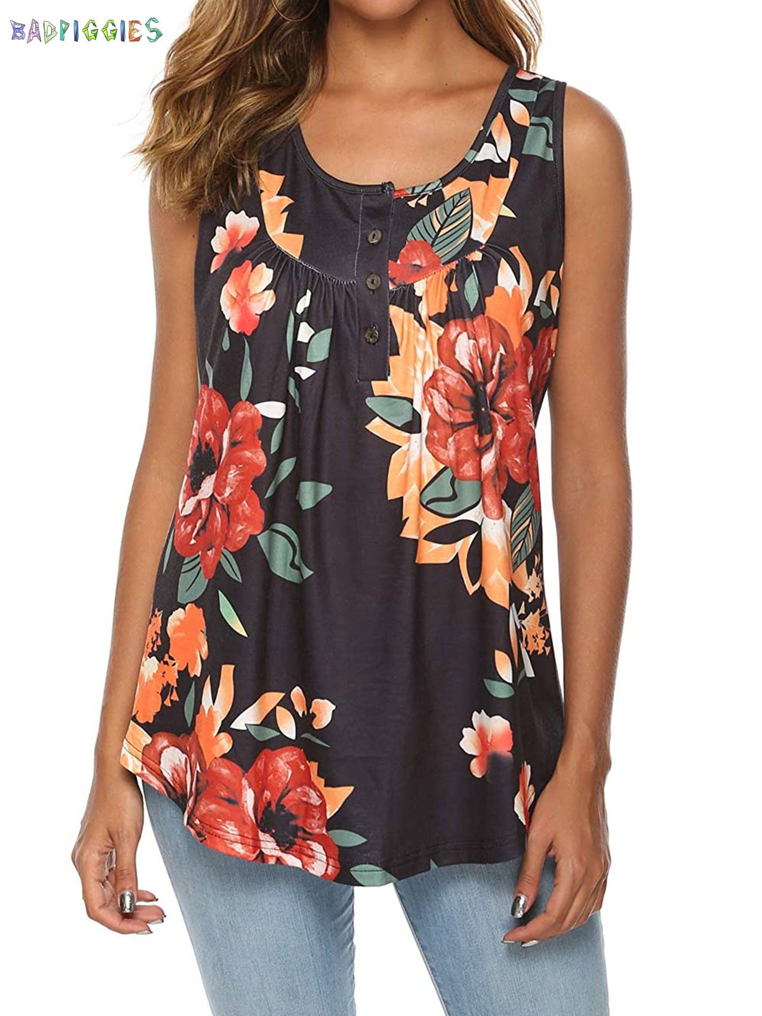 เสื้อกล้ามพิมพ์ลายดอกไม้สำหรับผู้หญิง Qbily - เสื้อยืดแขนสั้นลายดอกไม้ป่า สำหรับใส่ลำลองในฤดูร้อน (สีดำ ไซส์ M)