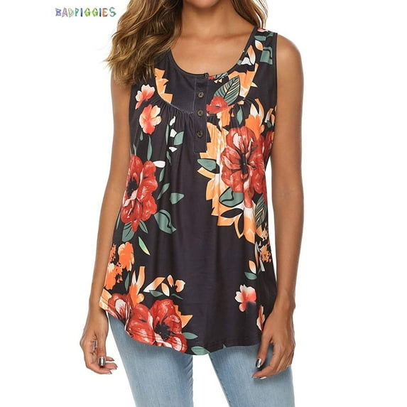 BadPiggies Women's Floral Tank Tops Summer Sleeveless Buttons Up Neck Casual T Shirts Basic Flowy Blouse (M, Black)